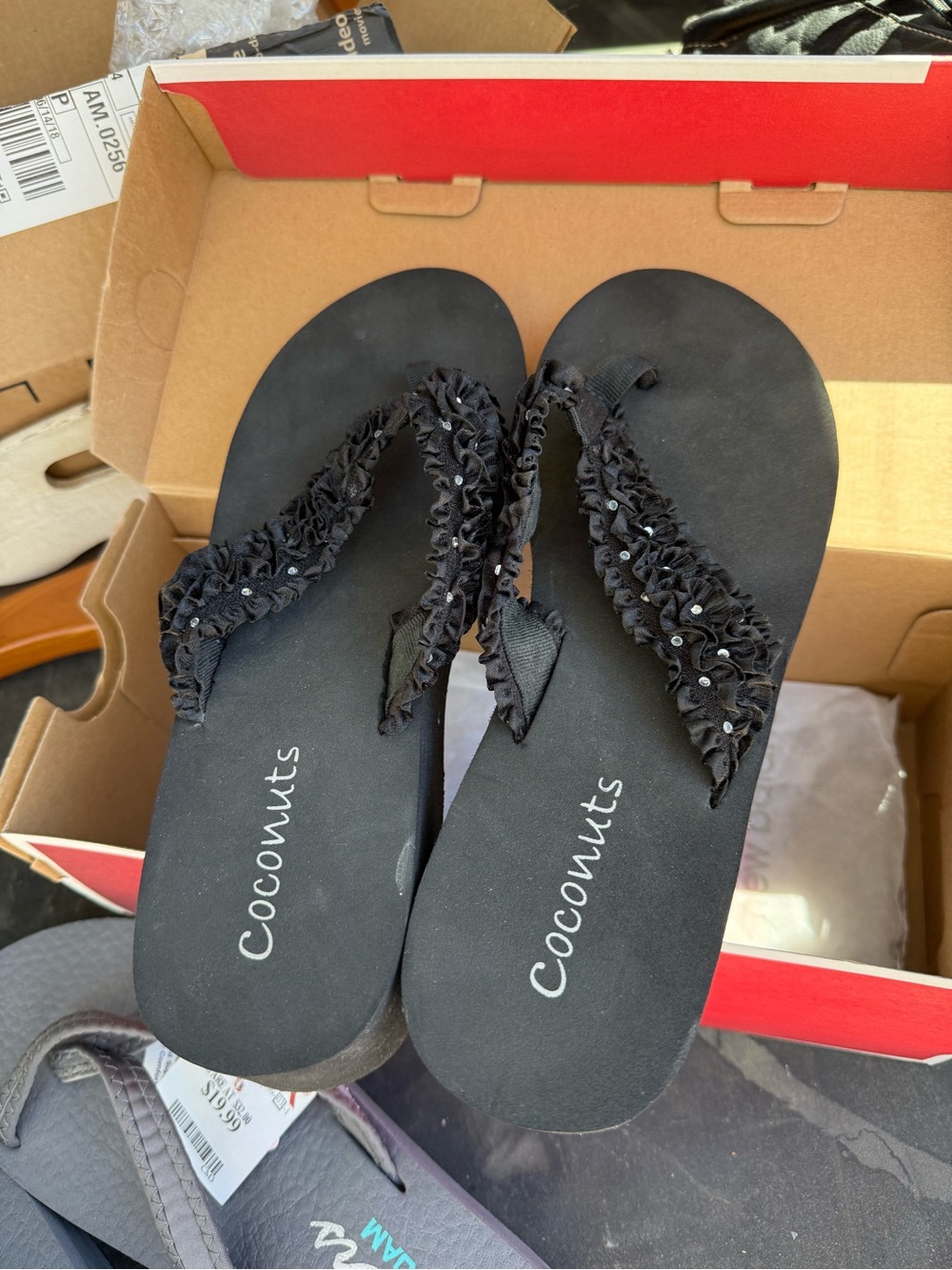 Coconuts by Matisse Black Ruffle Strap Flip Flop wedge Sandals